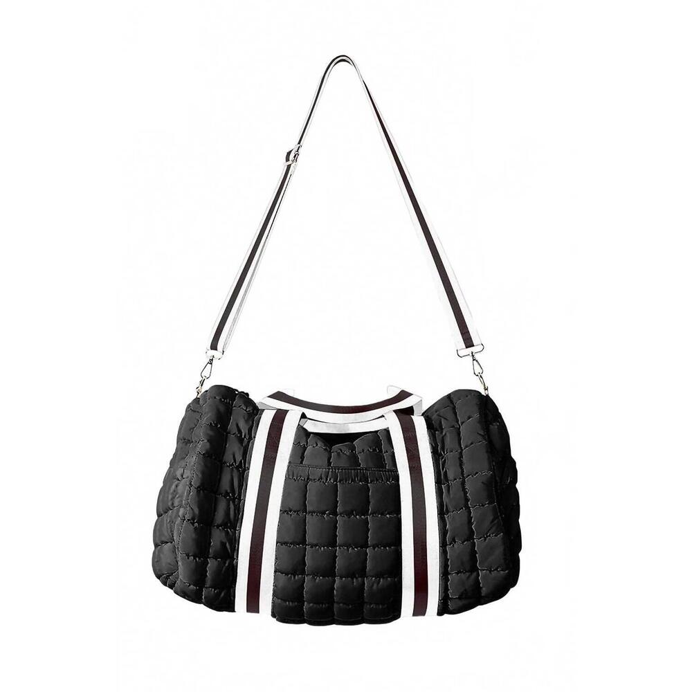 NEW KATYDID women's striped quilted duffel weekender bag in black